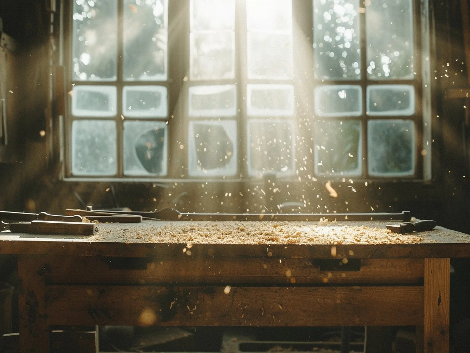 Joinery workshop in morning light — a workbench with tools