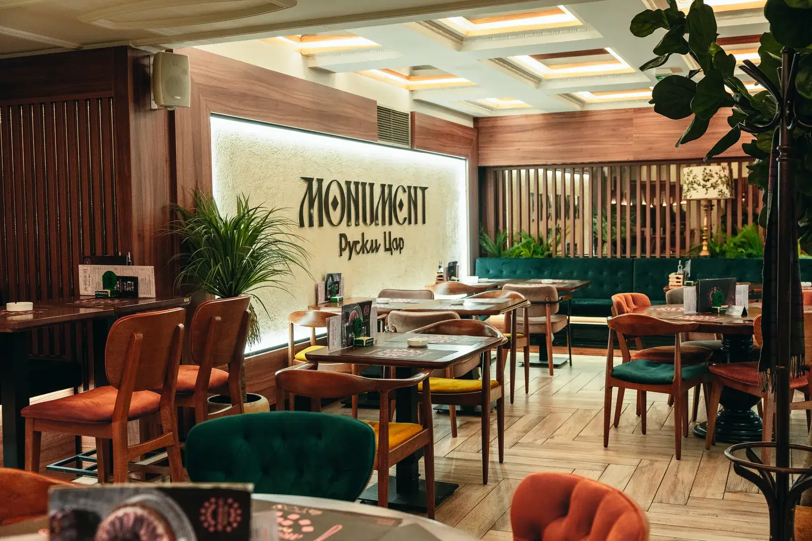 Ruski Car restaurant in Belgrade — solid wood tables and chairs